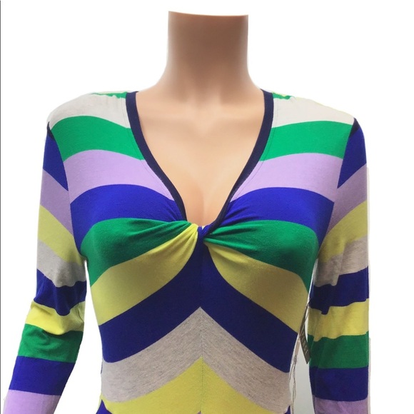 Spense V-Neck Twist Mitered Stripe Handkerchief Fit & Flare Dress - Picture 2 of 7